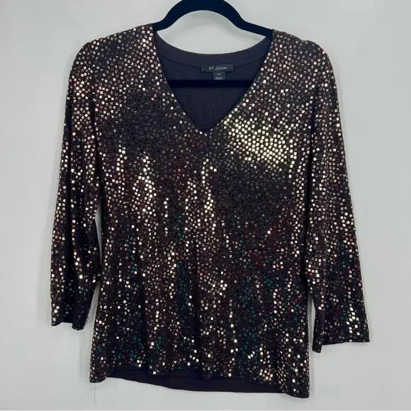 St.John V-Neck Sequins Embroidered T-Shirt Blouse Top 3/4 Sleeve Gold Mahogany M - Picture 1 of 6